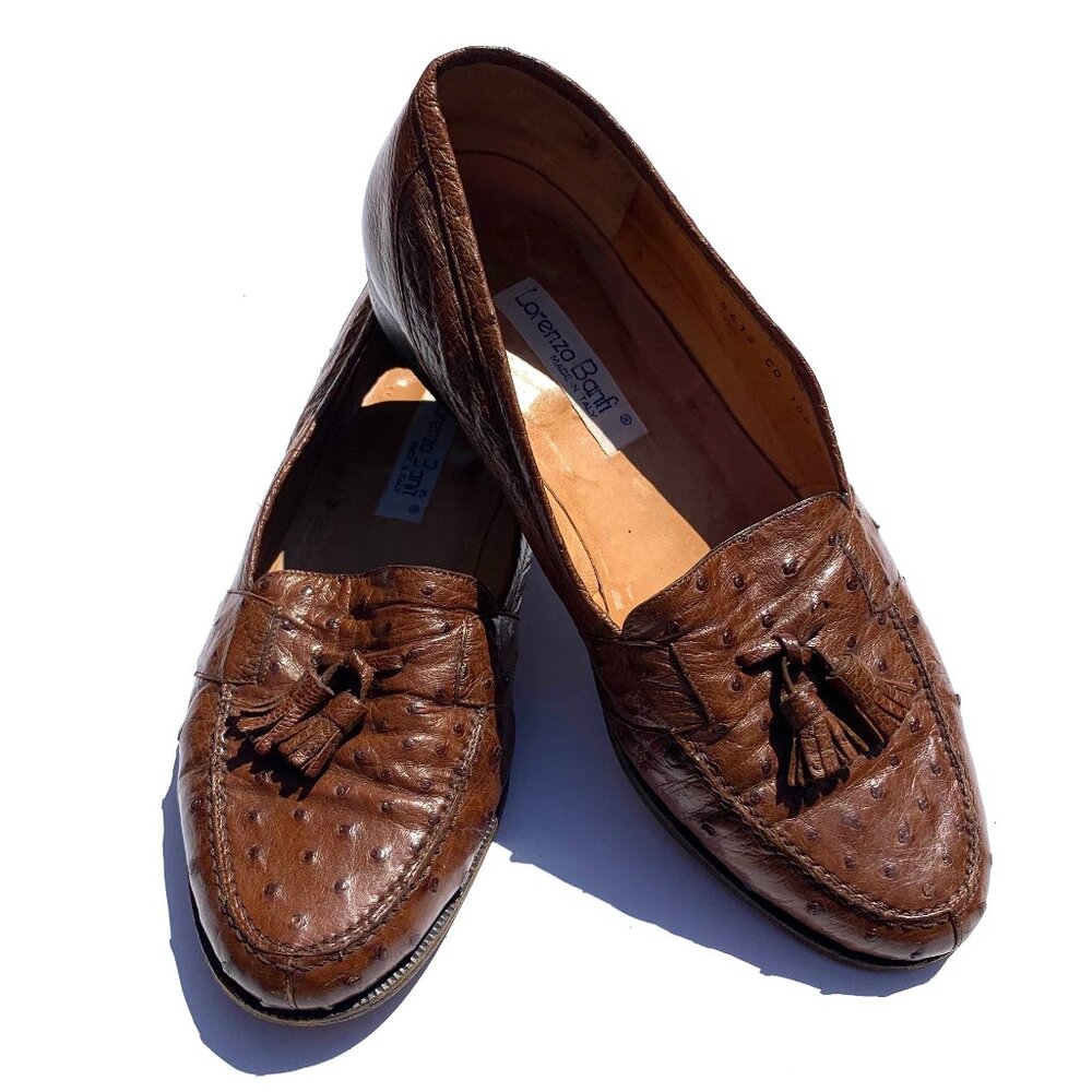 VTG Lorenzo Banfi Men’s Brown Ostrich Leather Tassel Slip On Loafers Italy 10.5